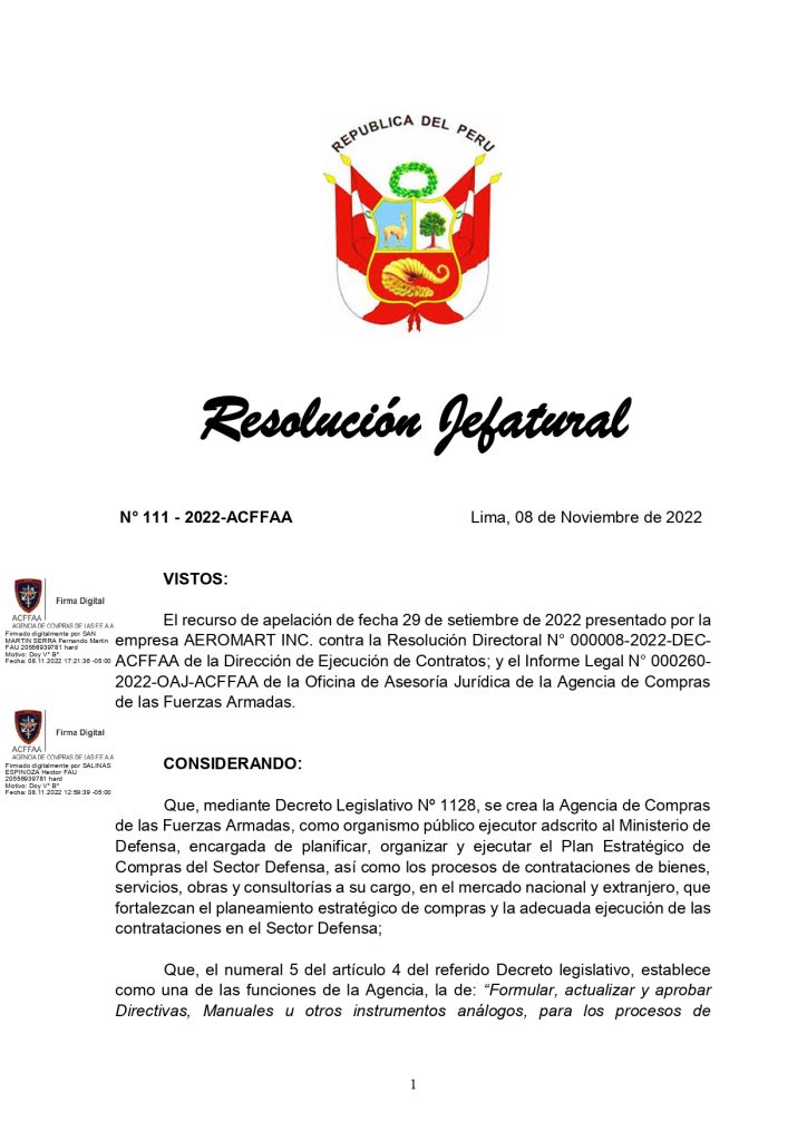 Resolución que advertiría falsificación de documentos entregados a la Marina de Guerra por AEROMART.